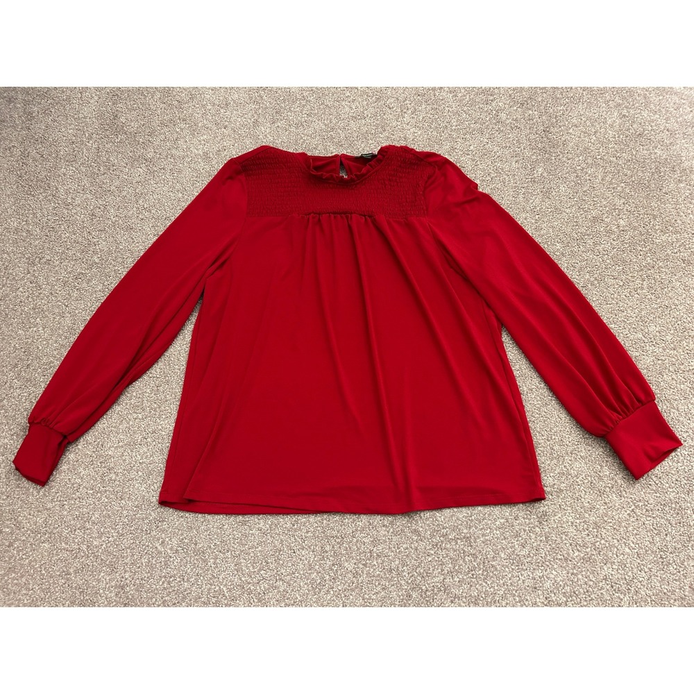 Adrianna Papell Blouse Womens XL Red Excellent Smocked Ruffle Neck Long Sleeve